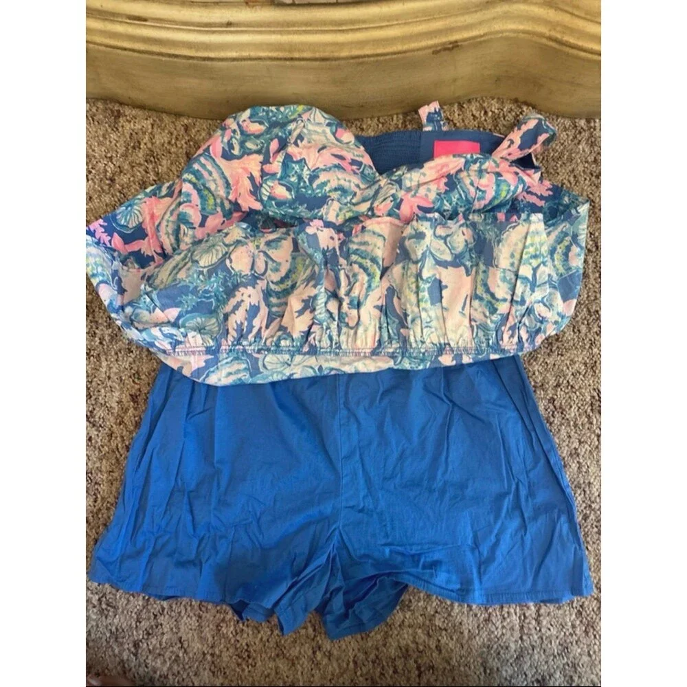 Lilly Pulitzer Dress Size 8 Rocko Cotton Romper jumpsuit Blue Tang